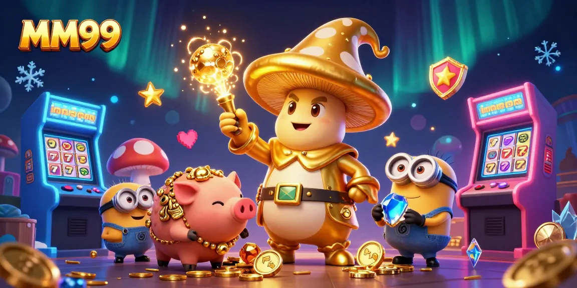 Win big at MM99 with a dazzling 3D casino scene featuring magical characters and vibrant game elements.