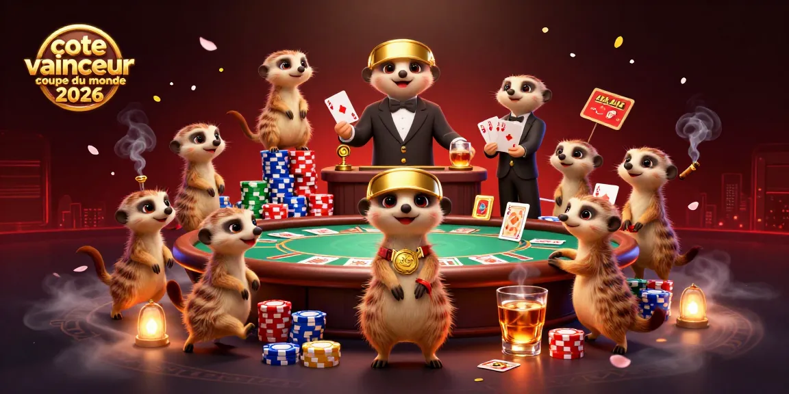 Un groupe de suricates dans un casino, avec la cote vainqueur coupe du monde 2026 affichée sur la scène dynamique.