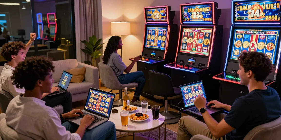 Friends celebrating big wins on their favorite slot mpo games in a cozy gaming area.