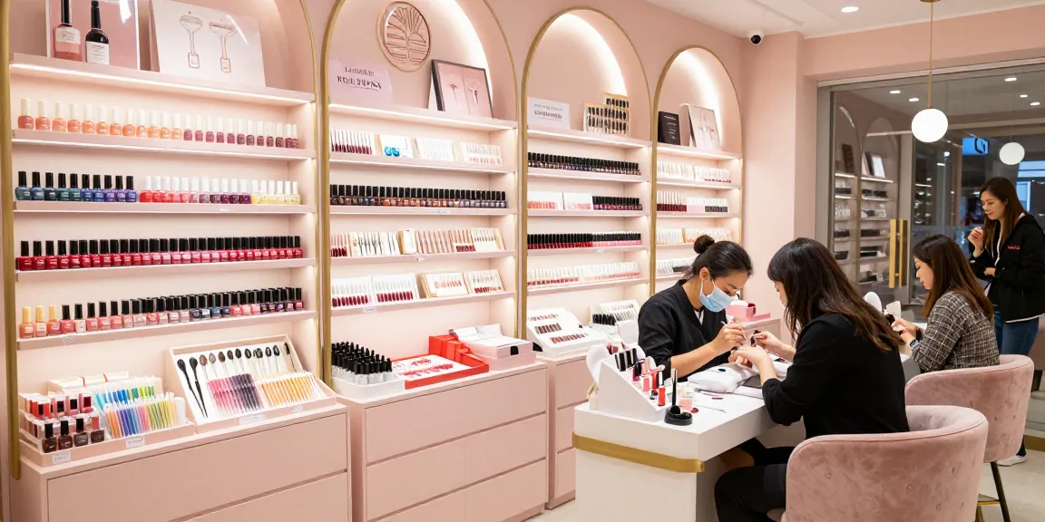 Suasana di toko perlengkapan kuku mewah LUXURY12 dengan produk berkualitas tinggi dan teknisi kuku yang berpengalaman.