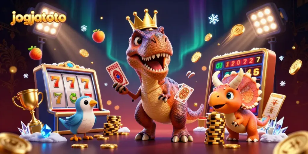 Engage with jogjatoto's thrilling slot machines as T-Rex shuffles cards in a vibrant casino scene.