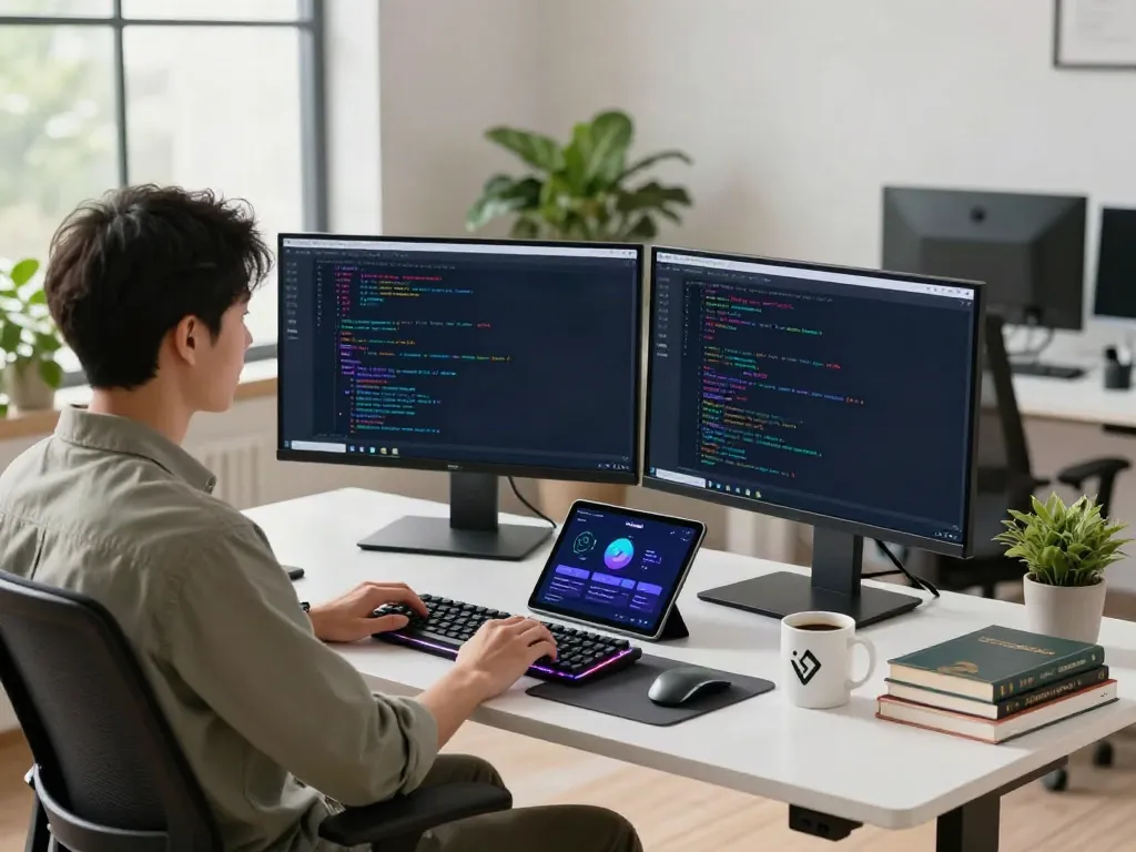 Developer working on v2rayN software in a modern tech workspace with dual monitors.