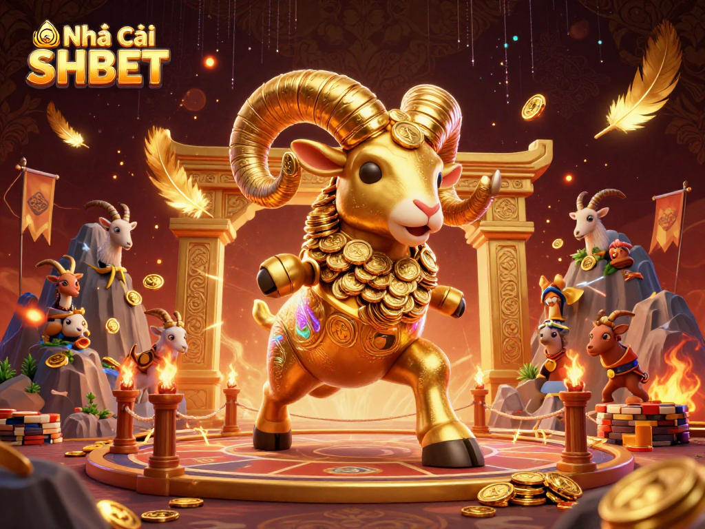 Join the excitement at Nhà cái SHBET with an epic 3D illustration of a golden ram charging through a dynamic casino arena.