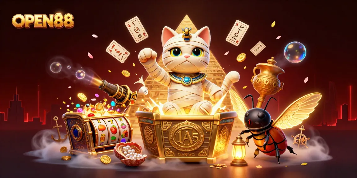 Engage with OPEN88 for thrilling slots as an Egyptian mummy cat in a vibrant casino scene.