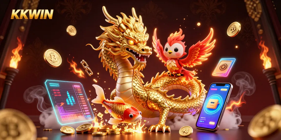 Experience the thrills of KKWIN with stunning golden dragon, phoenix, and koi fish in a vibrant 3D casino scene.