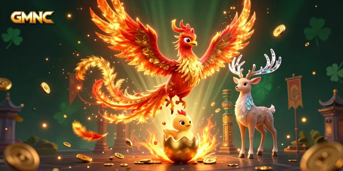 GMNC showcases a vibrant scene with a phoenix and stag, representing thrilling online gambling adventures.