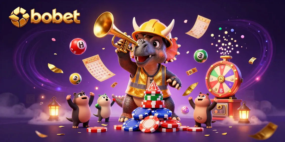 Engage in sbobet betting excitement with dynamic lottery balls and a jubilant dinosaur scene.