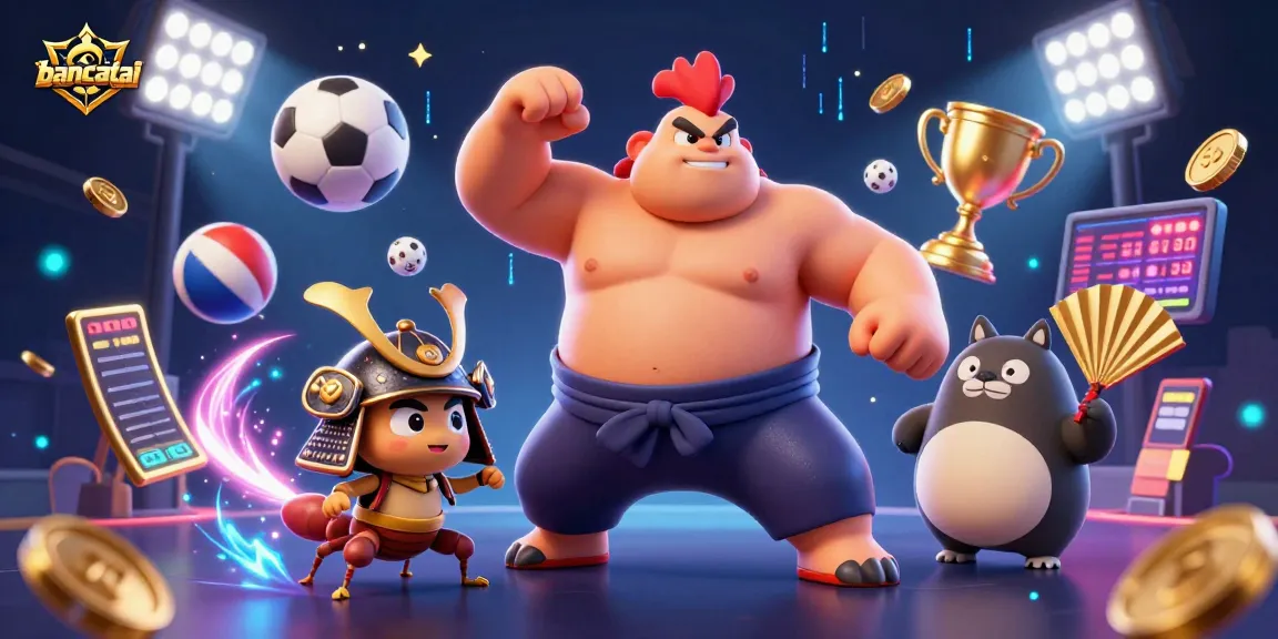 bancatai showcases an epic showdown with a sumo rooster and samurai cricket in a vibrant casino scene.