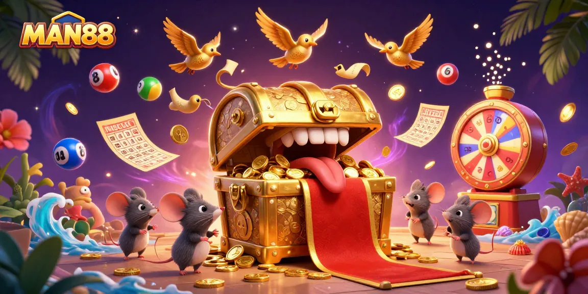 Experience the excitement of MAN88's treasure chest filled with riches amidst vibrant gambling elements.
