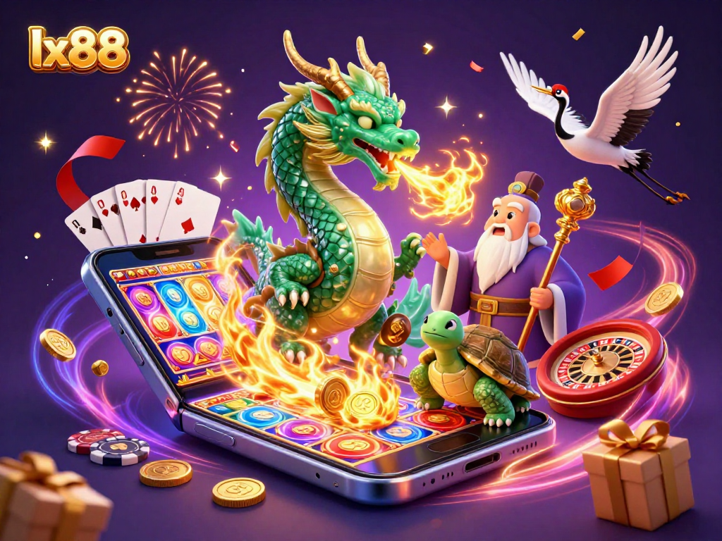 Experience excitement with the lx88 dragon, lucky cranes, and vibrant slots in this casino illustration.