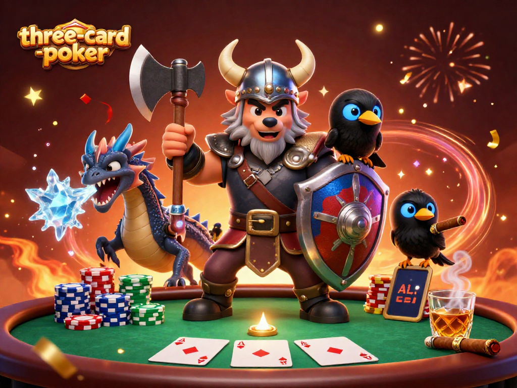 Play three-card-poker with an exciting 3D Viking scene filled with chips and cards.