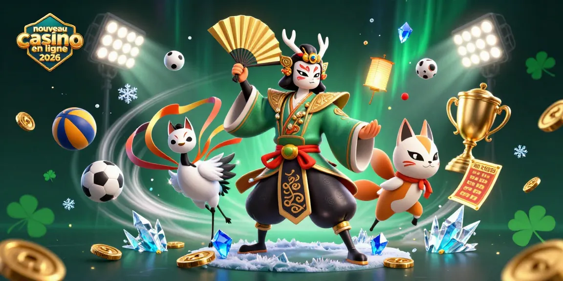 Illustration dynamique d'un nouveau casino en ligne 2026 avec des personnages et des éléments de jeu