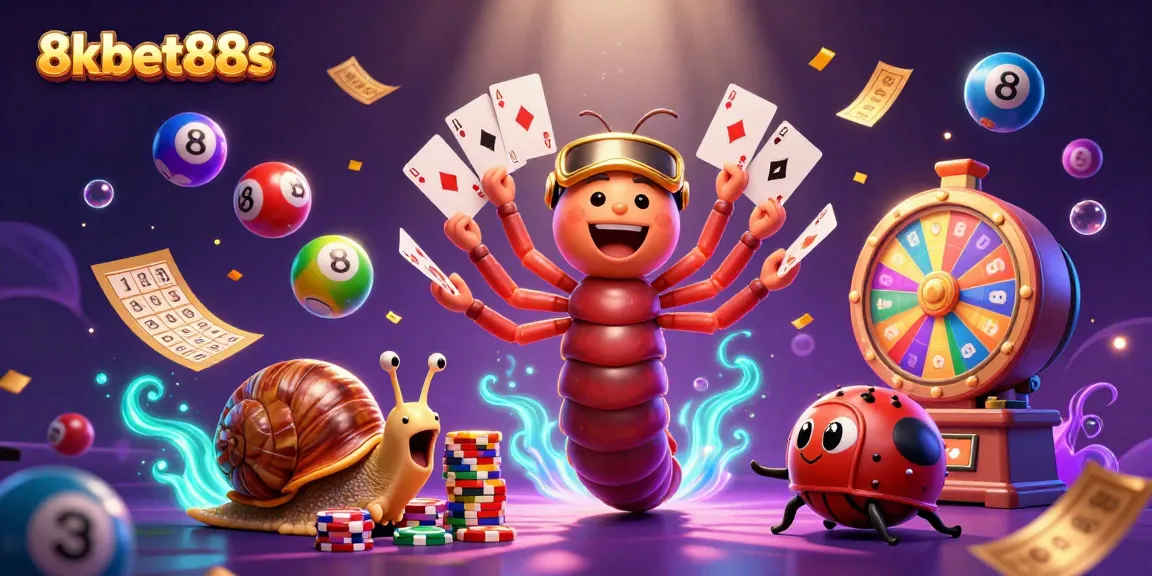 Engage with 8kbet88s through colorful cartoon casino characters in a vibrant gaming scene.