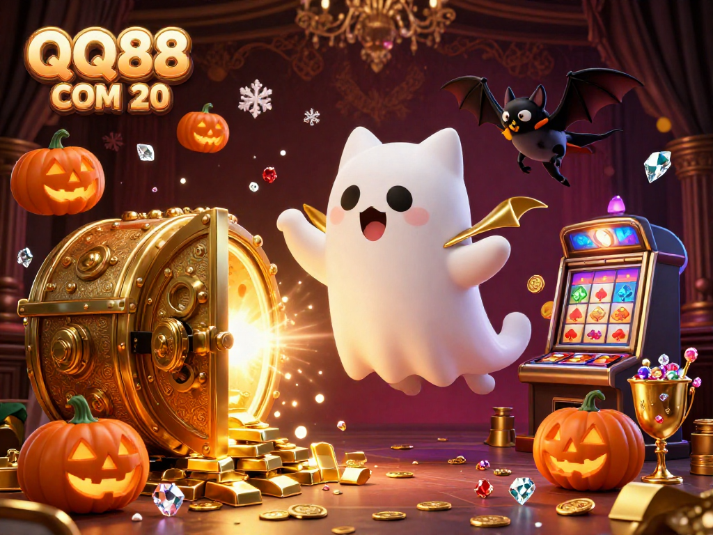 Experience thrilling gaming at QQ88 COM 20 with friendly ghost cat and treasure-filled casino.