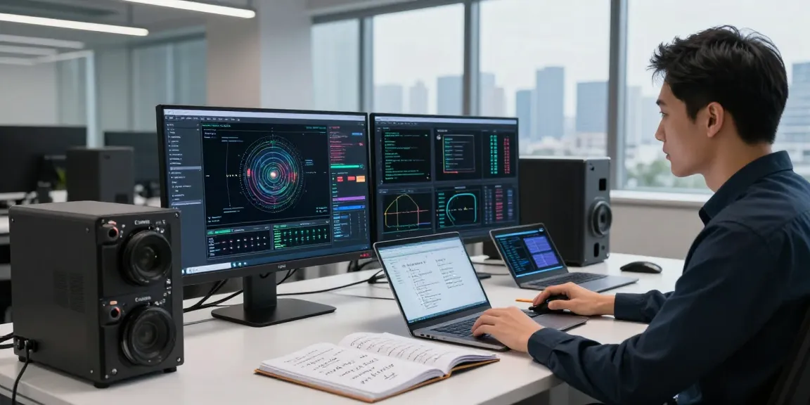 Engineer analyzing GPU computing data in modern office environment, showcasing advanced AI technologies and real-time analytics.
