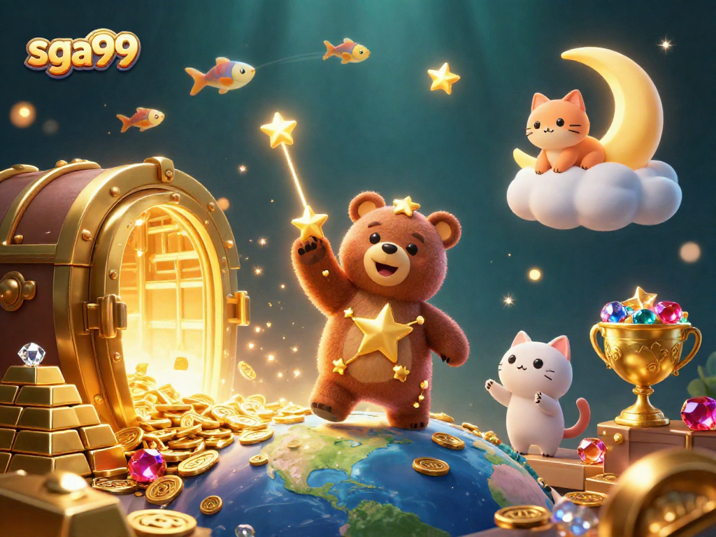 Scoop up coins and treasures at sga99 with a dazzling 3D casino illustration.