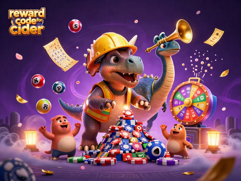 Engage with the exciting reward code for cider casino in a dynamic 3D scene featuring playful characters and vibrant casino elements.