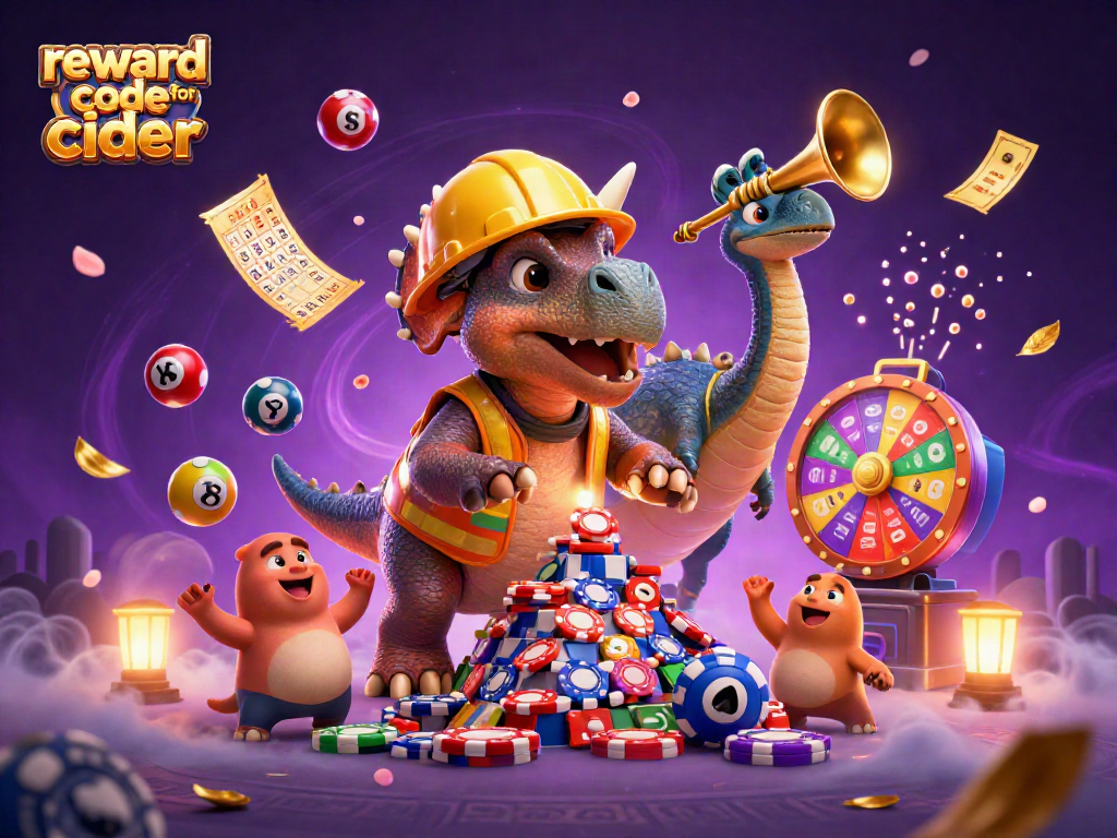 Engage with the exciting reward code for cider casino in a dynamic 3D scene featuring playful characters and vibrant casino elements.