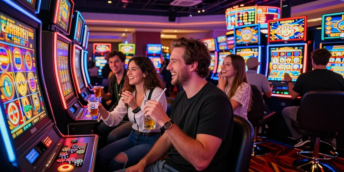 Group of friends celebrating at slot gacor machine in vibrant casino atmosphere.