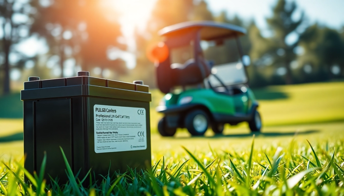 Showcasing lithium golf cart batteries with a modern design on a sunny golf course.