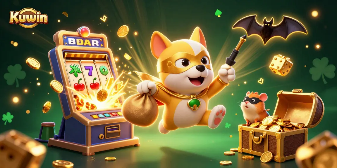 Kuwin's superhero dog and hamster celebrate with casino games, coins, and excitement.