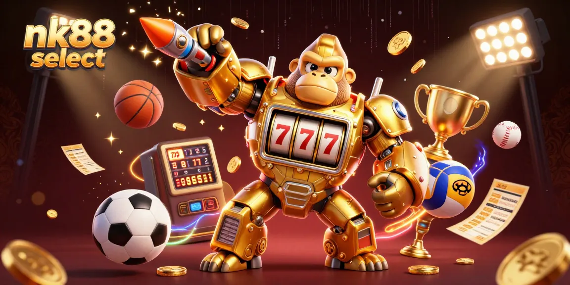 Join the excitement at nk88 select with a golden gorilla mech and vibrant sports elements.