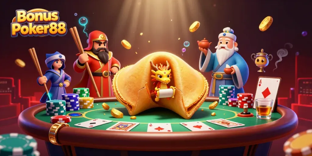 Experience Bonus Poker88 with a vibrant 3D scene featuring poker elements and character interactions.
