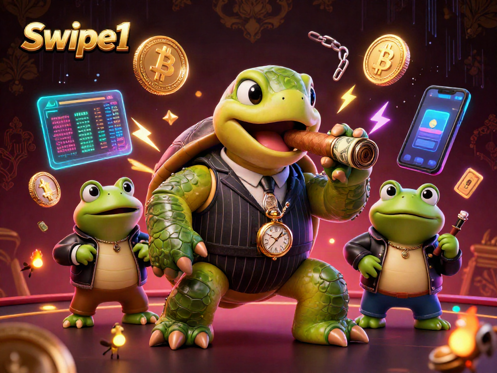 Join the excitement of Swipe1 with a 3D cartoon turtle and crypto elements in a vibrant casino scene.