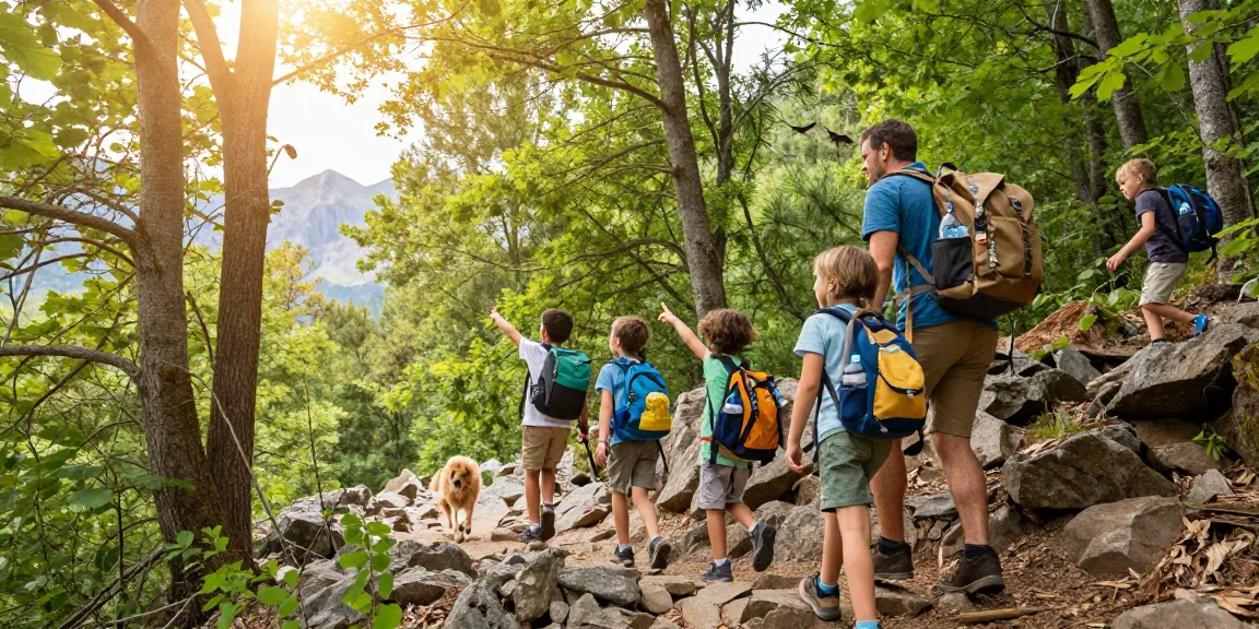 Family adventure hiking together in nature, embracing the spirit of mantra88.
