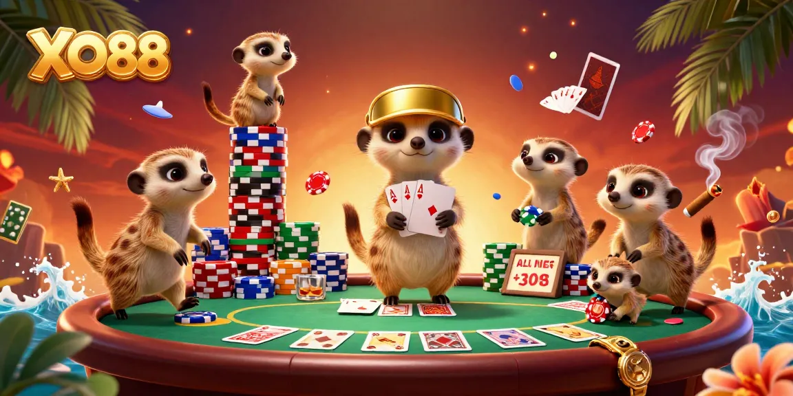 Meerkats manage the vibrant XO88 casino filled with poker chips, community cards, and engaging gameplay.