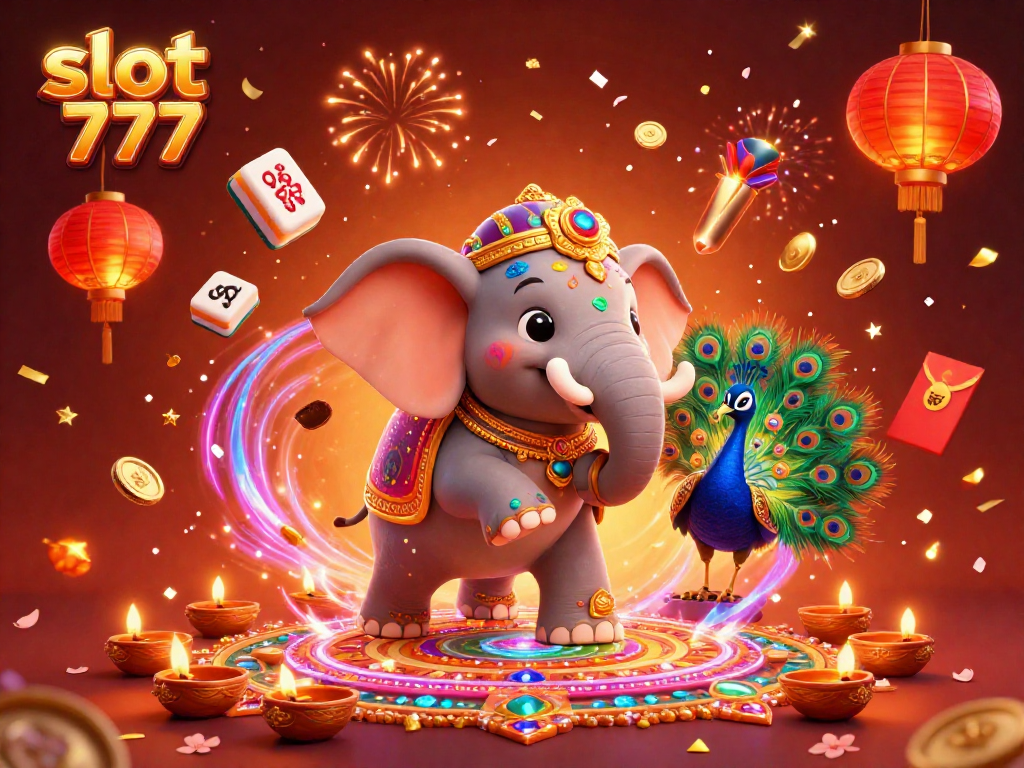 Engage with slot 777 in a vibrant celebration scene featuring a majestic elephant and peacock, immersed in colorful festive elements.