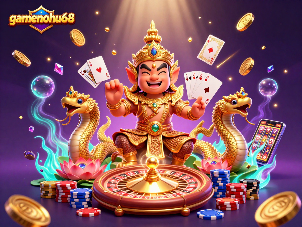 Experience the thrill of gamenohu68 with a lively 3D casino scene showcasing vibrant characters and dynamic game elements.