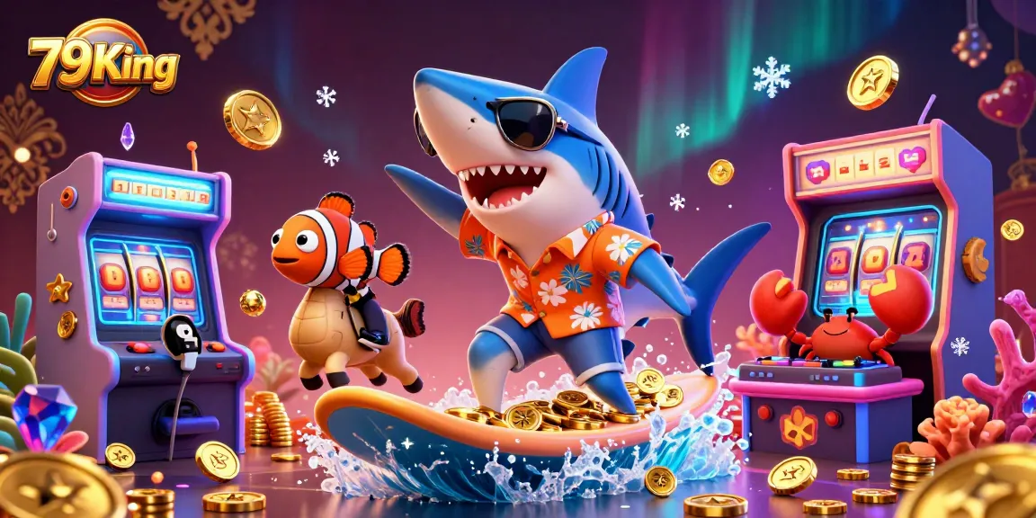 The shark character from 79King celebrates with gold coins at an arcade game-themed online casino scene.