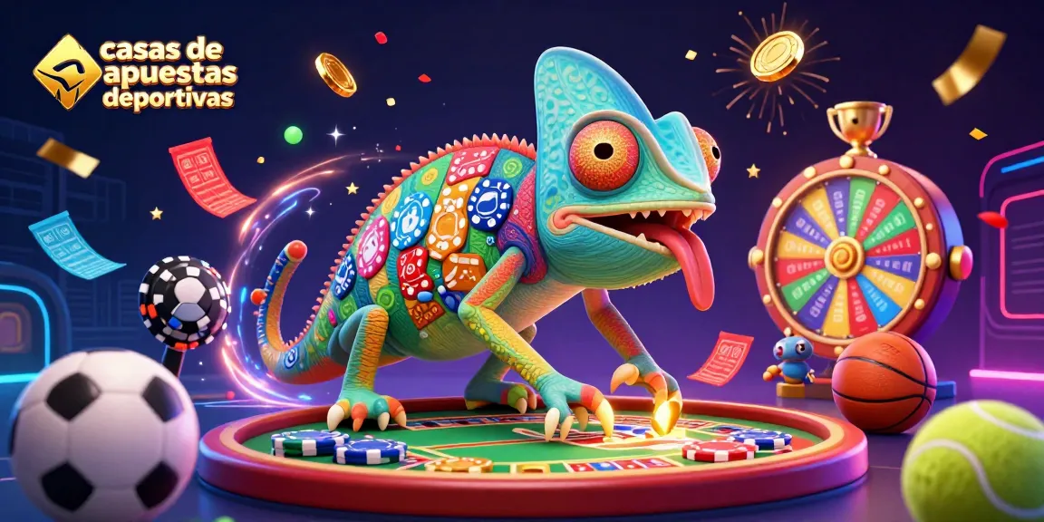 Ilustración de camaleón propietario de casas de apuestas deportivas atrayendo monedas y deportes dinámicos.