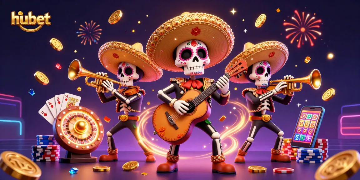 Engage with hubet's vibrant 3D casino scene showcasing a mariachi band celebrating with spinning roulette and poker elements.