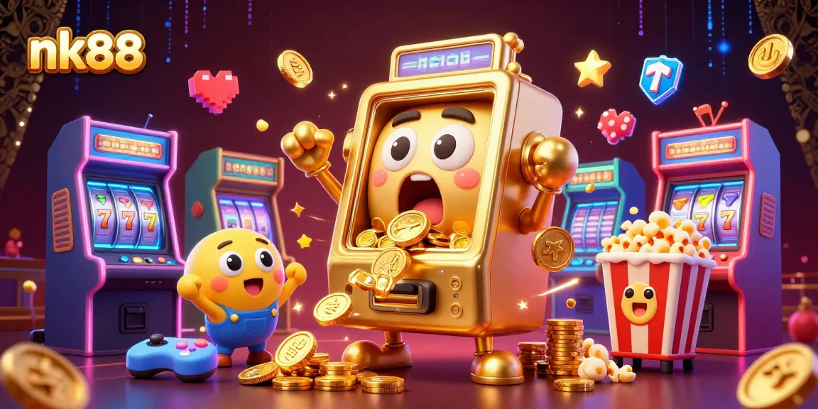 Experience thrills with nk88 as a golden slot machine wins big amidst cheering characters and colorful gaming elements.