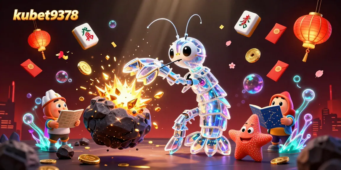 Kubet9378 showcases a vibrant 3D casino scene featuring animated characters amidst exploding asteroids and floating treasures.