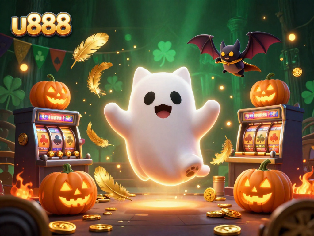 Experience thrilling gameplay at u888 casino with a friendly ghost cat, vibrant gaming elements, and glowing atmosphere.
