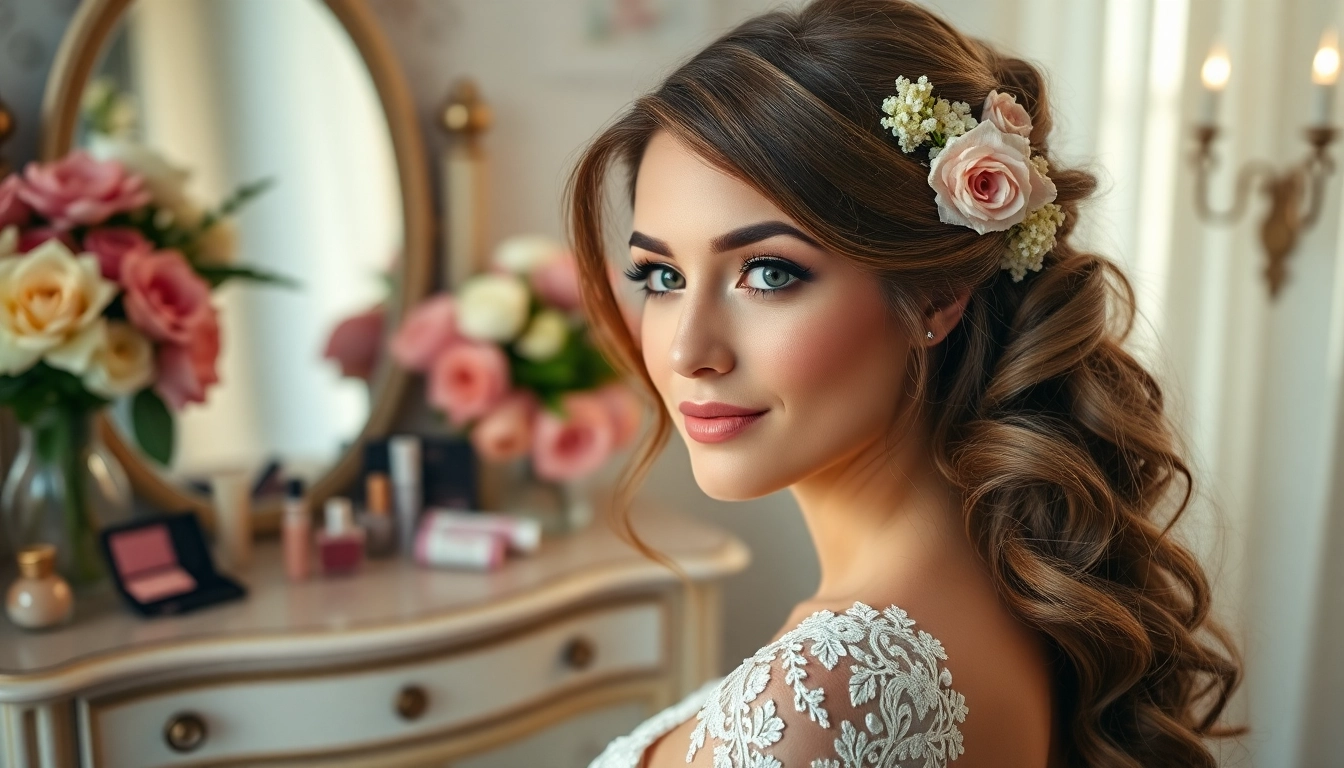 Bridal hair and makeup DFW showcasing an elegant bride preparing in a beautifully decorated setting.