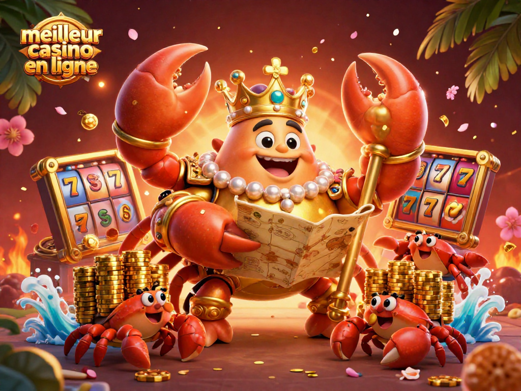 Jouez au meilleur casino en ligne avec l'empereur de crabe en or, entouré de machines à sous et de style asiatique.