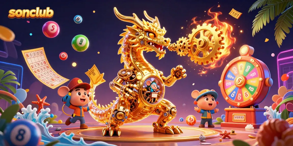 Engage with sonclub's thrilling games featuring a golden dragon breathing gears and balloons, amidst vibrant lucky charms.