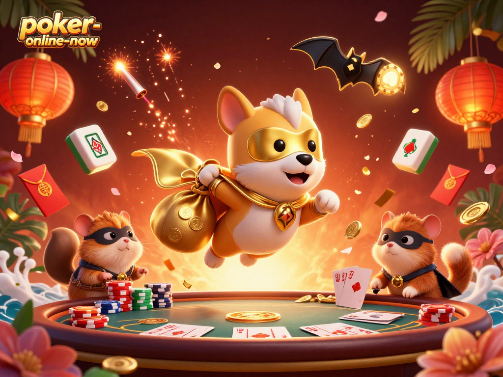 Engage in thrilling gameplay at poker-online-now with a superhero dog and hamster in a dynamic poker scene.