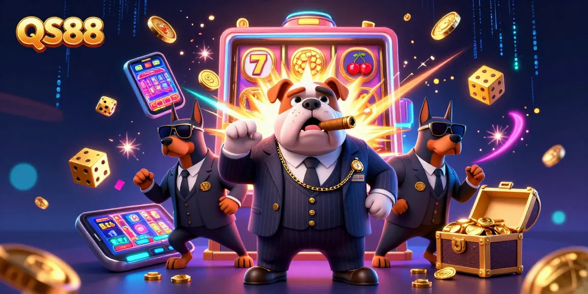 Experience the thrill of QS88 with a cartoon mafia boss surrounded by dynamic casino elements, celebrating wins.