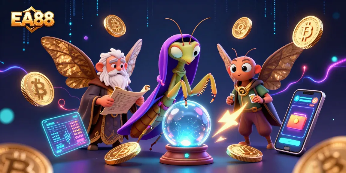 EA88 engages players with a vibrant illustration featuring mystical fortune tellers and cryptocurrency elements.