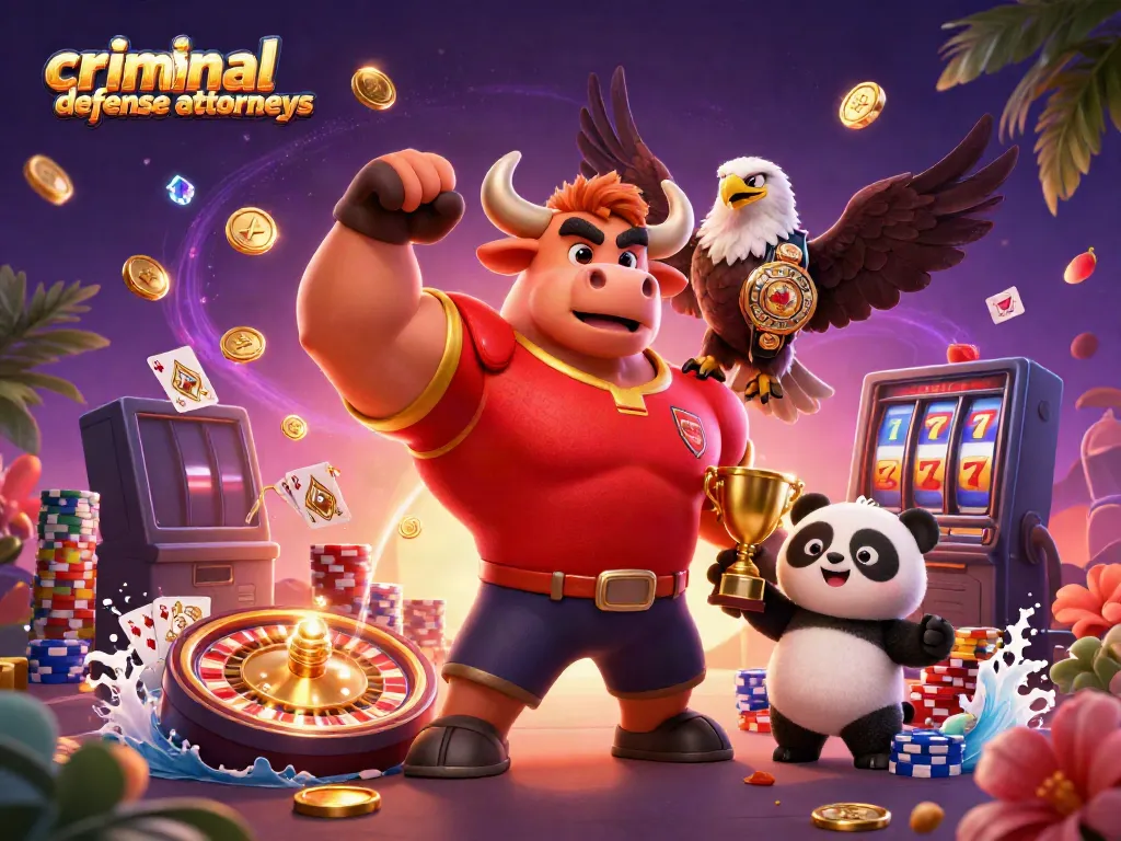Engaging scene with criminal defense attorneys represented by a bull mascot and characters in a casino setting.