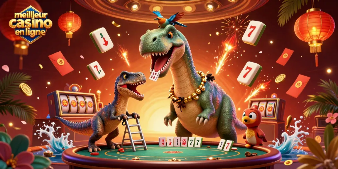 Illustration captivante du meilleur casino en ligne avec un brontosaurus et des éléments de jeu dynamiques.