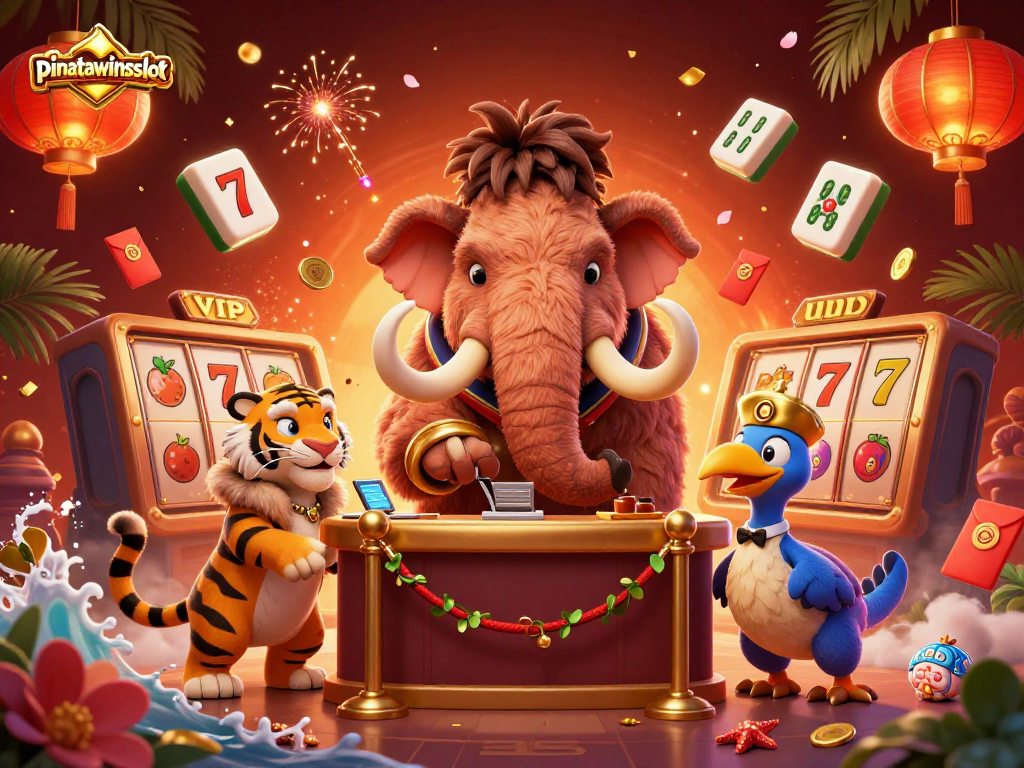 Experience the vibrant world of pinatawinsslot in this dynamic casino scene with engaging characters and festive elements.