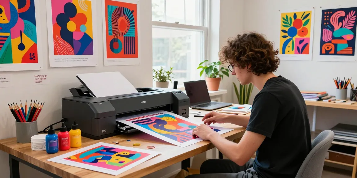 Custom poster printing in an inspiring creative studio with vibrant art supplies and prints.