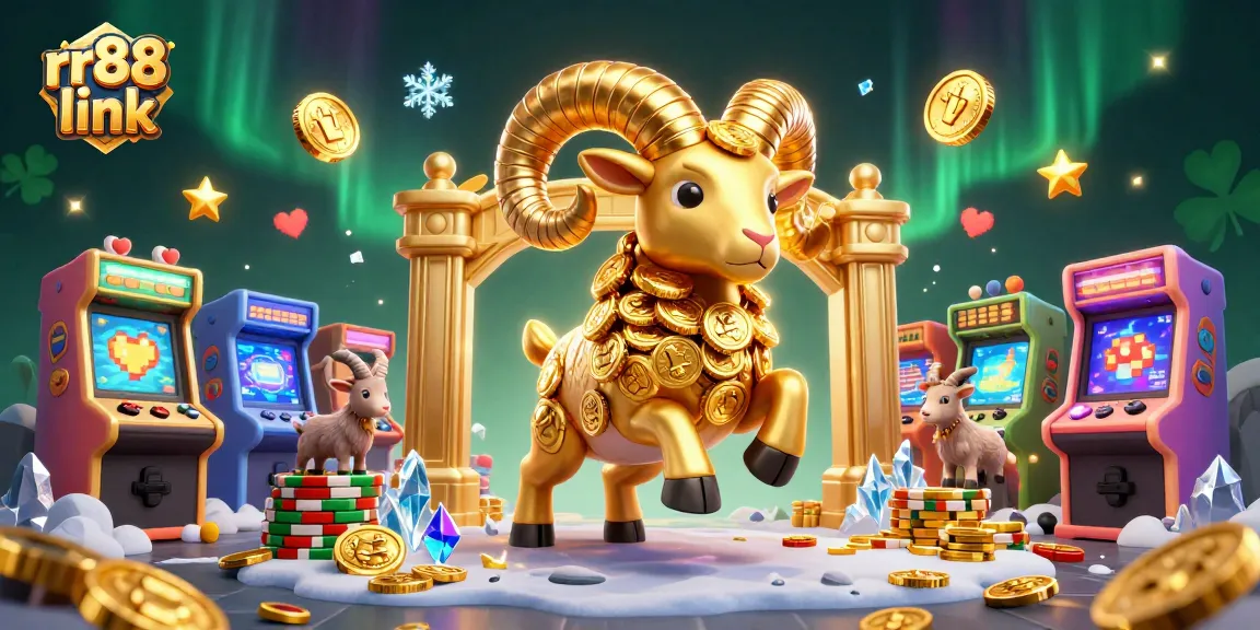 Engage with the rr88 link for thrilling casino experiences featuring a massive golden ram amidst vibrant gaming elements.