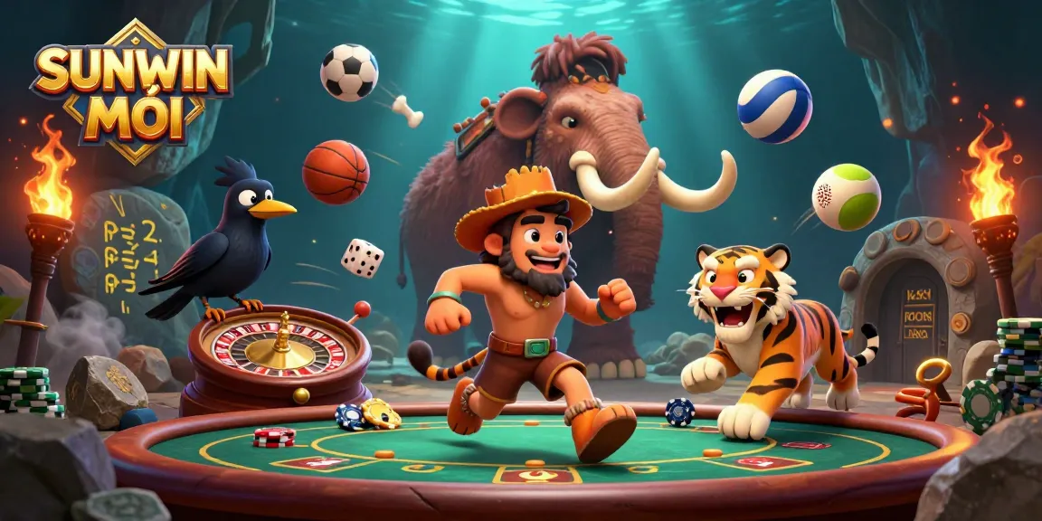 SUNWIN MỚI shines in a prehistoric casino scene with a caveman duo, sports balls, and vibrant gaming elements.